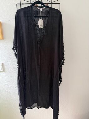 Walter Baker Black Sheer Tassel-Trim Coverup